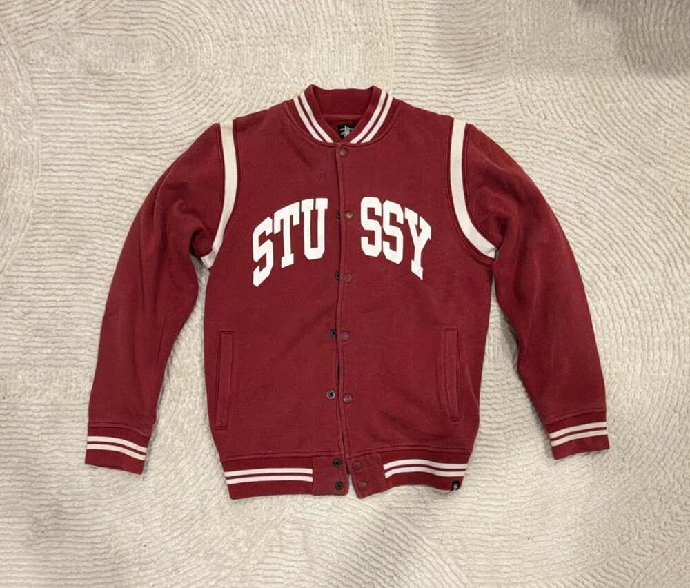 Stussy Varsity Jacket Size Medium Red Spellout Snap Front